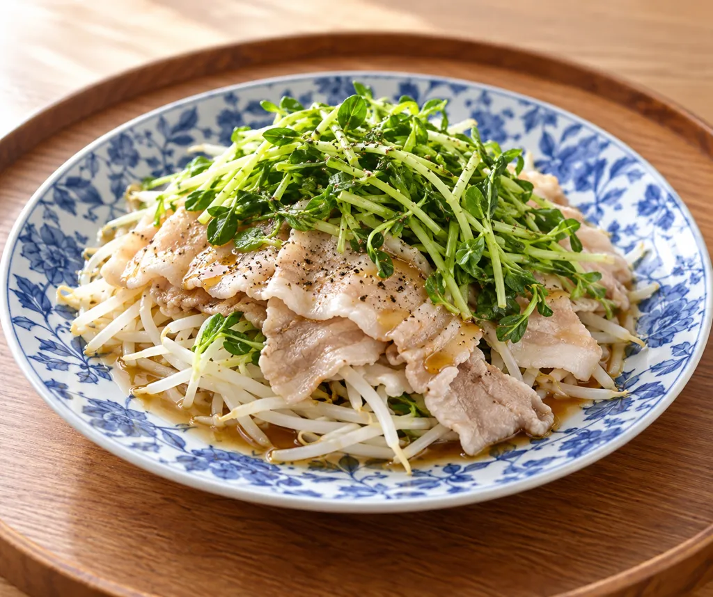豚バラ肉と豆苗の重ね蒸しの完成イメージ