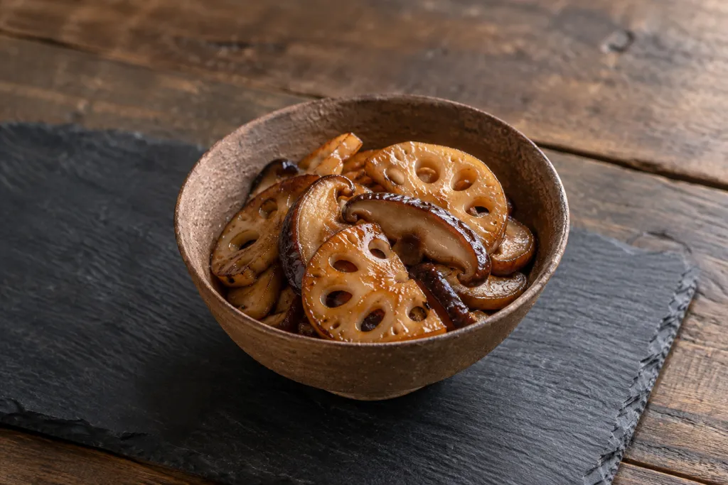 れんこんとしいたけの甘辛焼きの完成イメージ