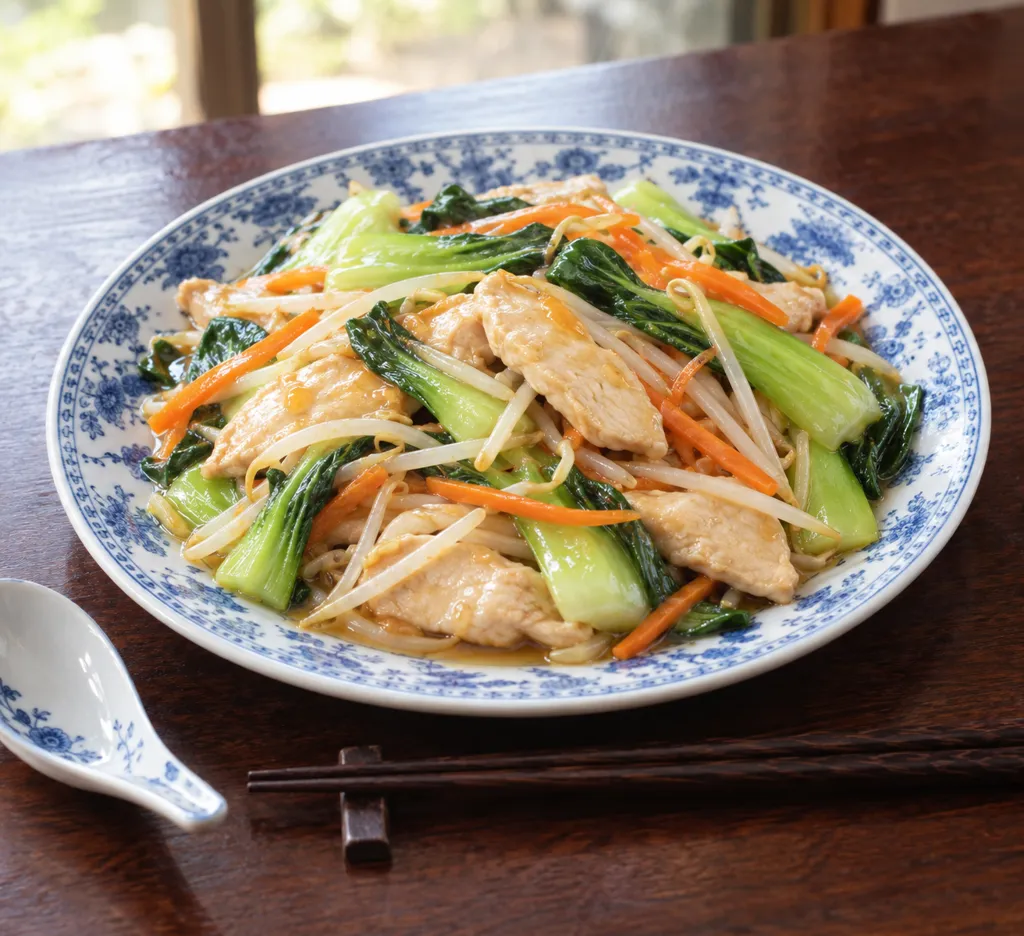 鶏むね肉とチンゲン菜の炒め物の完成イメージ