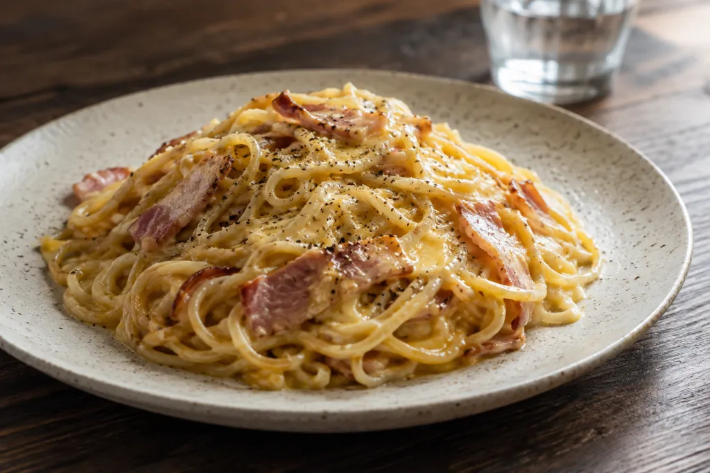 焼きそば麺とベーコンのカルボナーラの完成イメージ