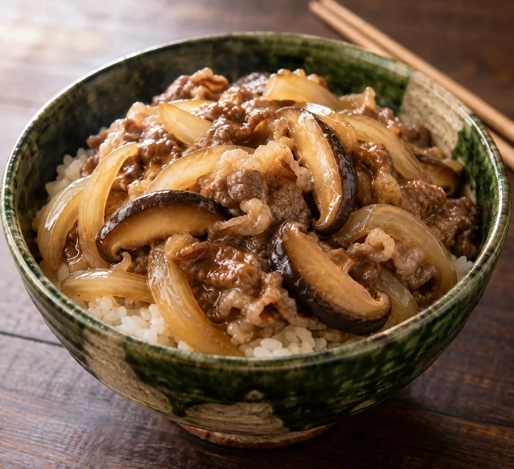 しいたけと玉ねぎの牛バラ丼の完成イメージ