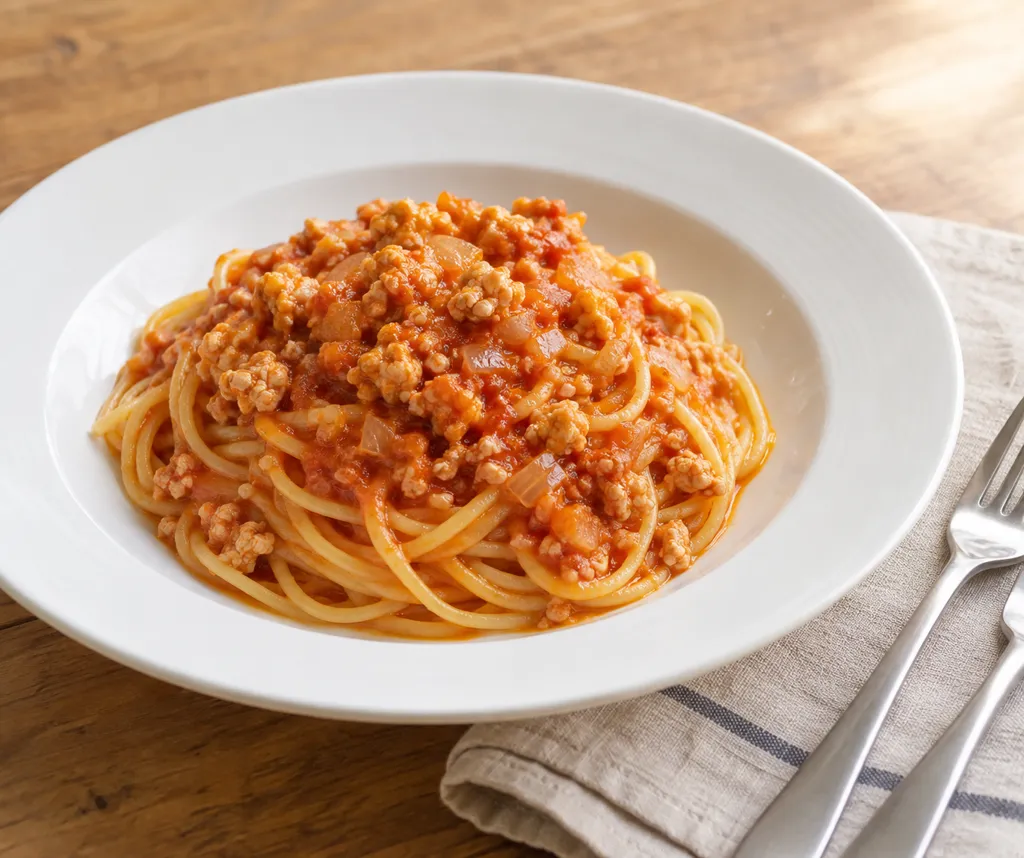 鶏ひき肉と玉ねぎのミートソースパスタの完成イメージ