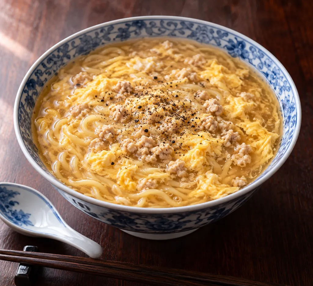 鶏ひき肉と卵の酸辣湯麺の完成イメージ
