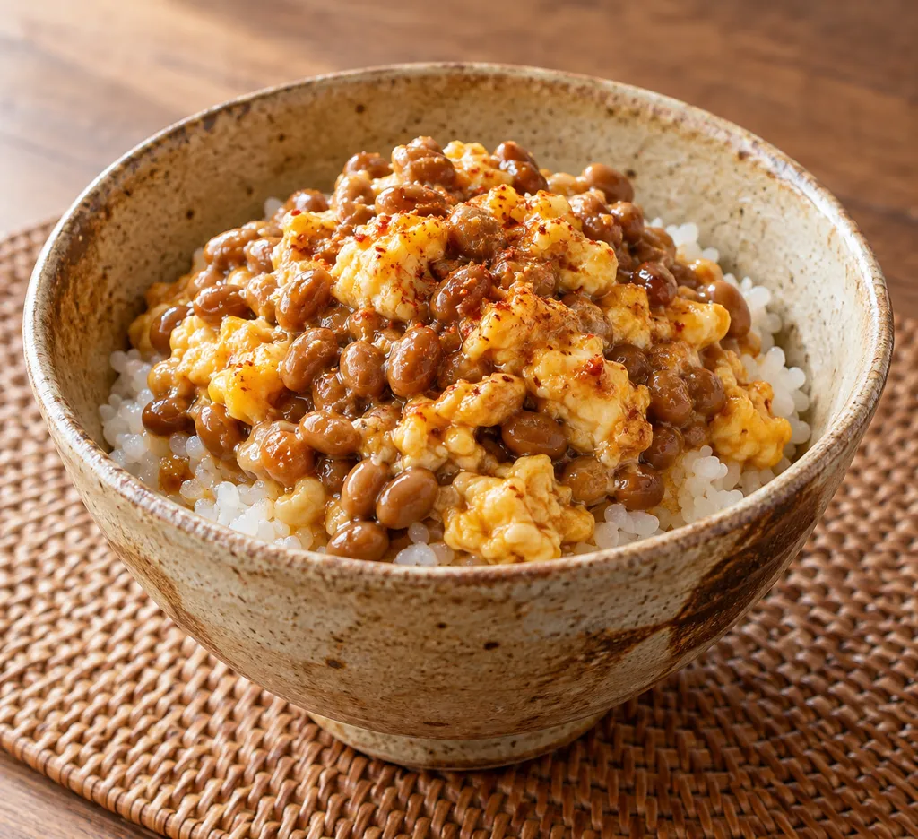 焼き納豆と卵の七味味噌丼の完成イメージ