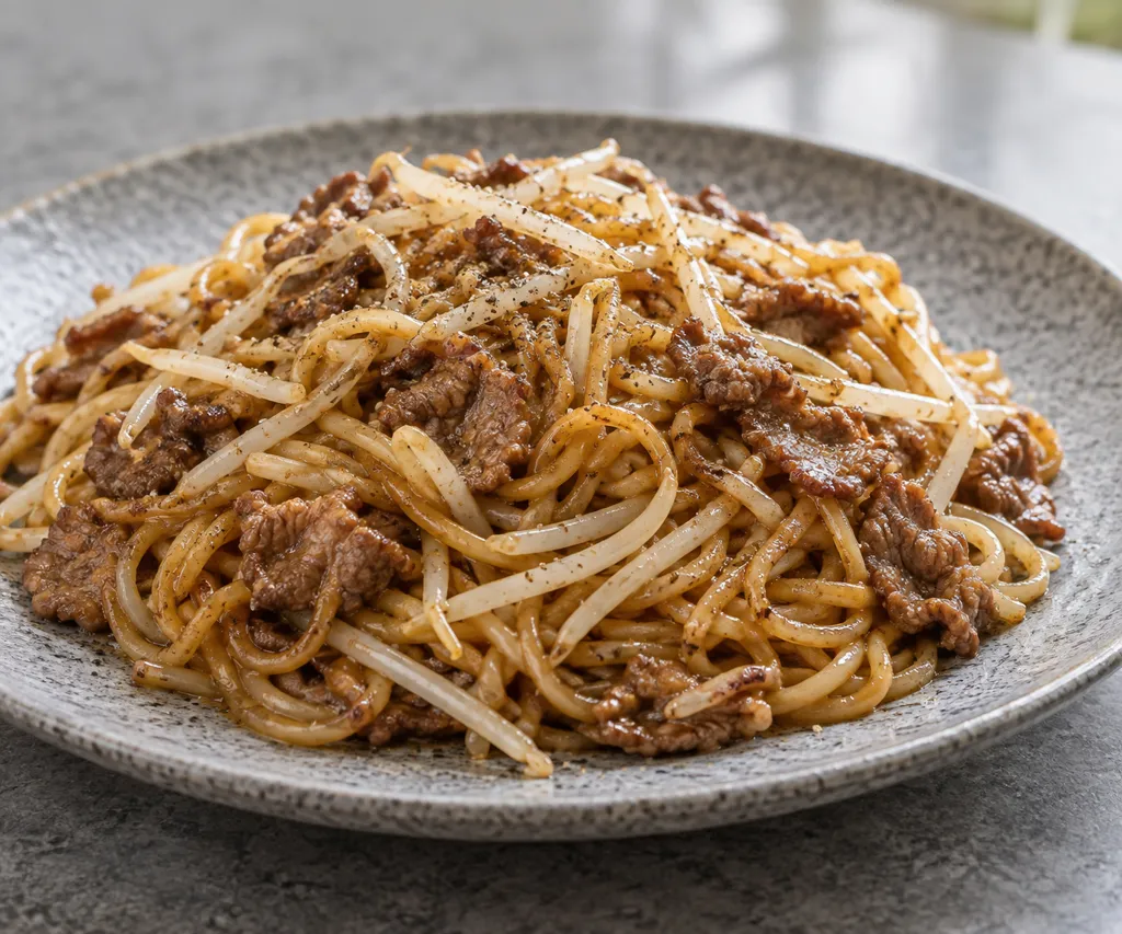 牛こま肉ともやしのエスニック焼き中華麺の完成イメージ