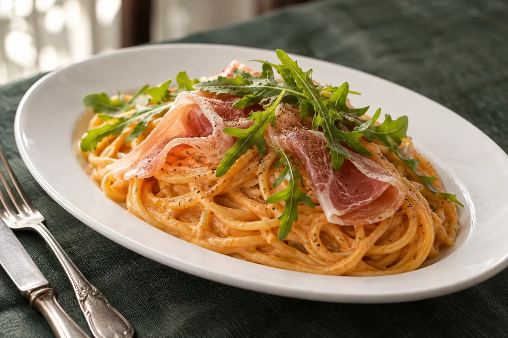 生ハムとルッコラのケチャップマヨパスタの完成イメージ