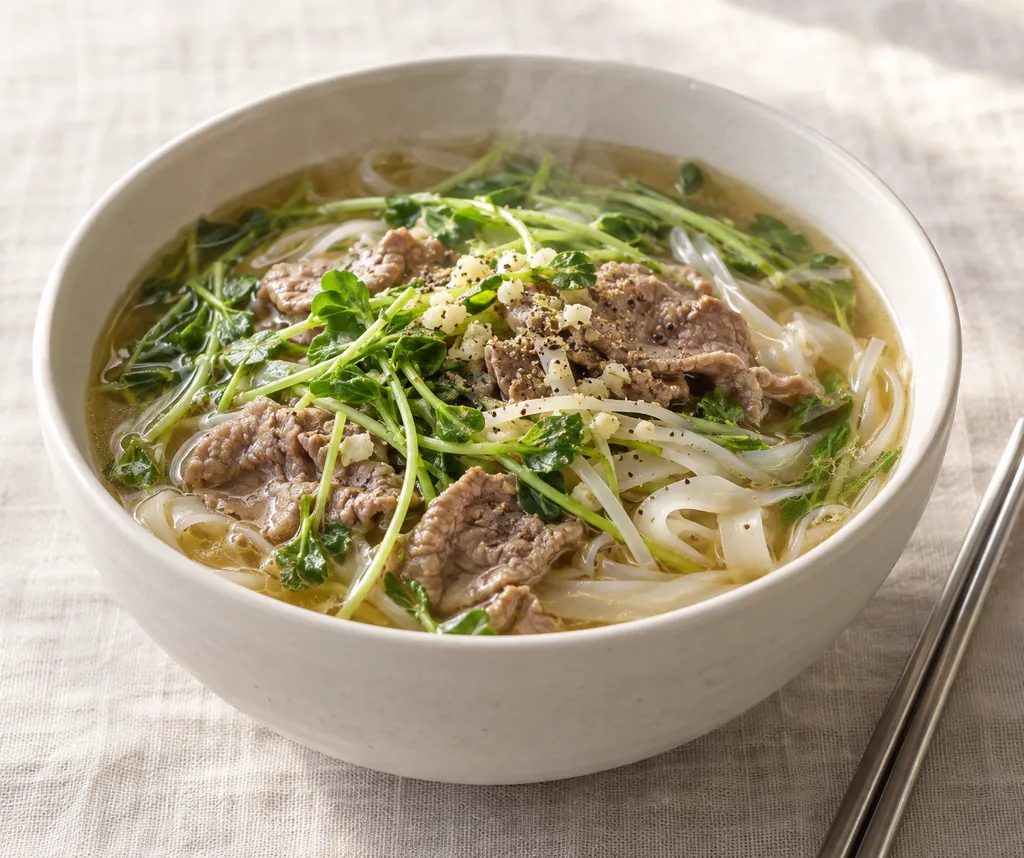 牛薄切り肉と豆苗のにんにくフォーの完成イメージ