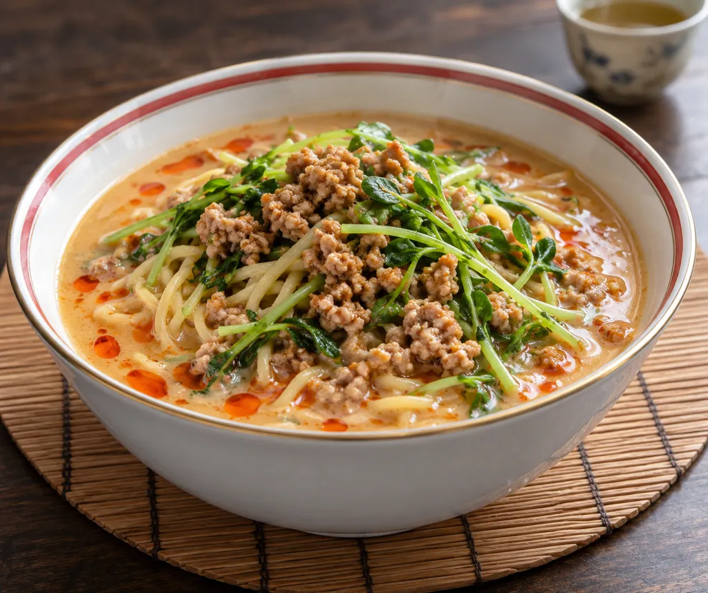 豚ひき肉と豆苗の担々麺風の完成イメージ