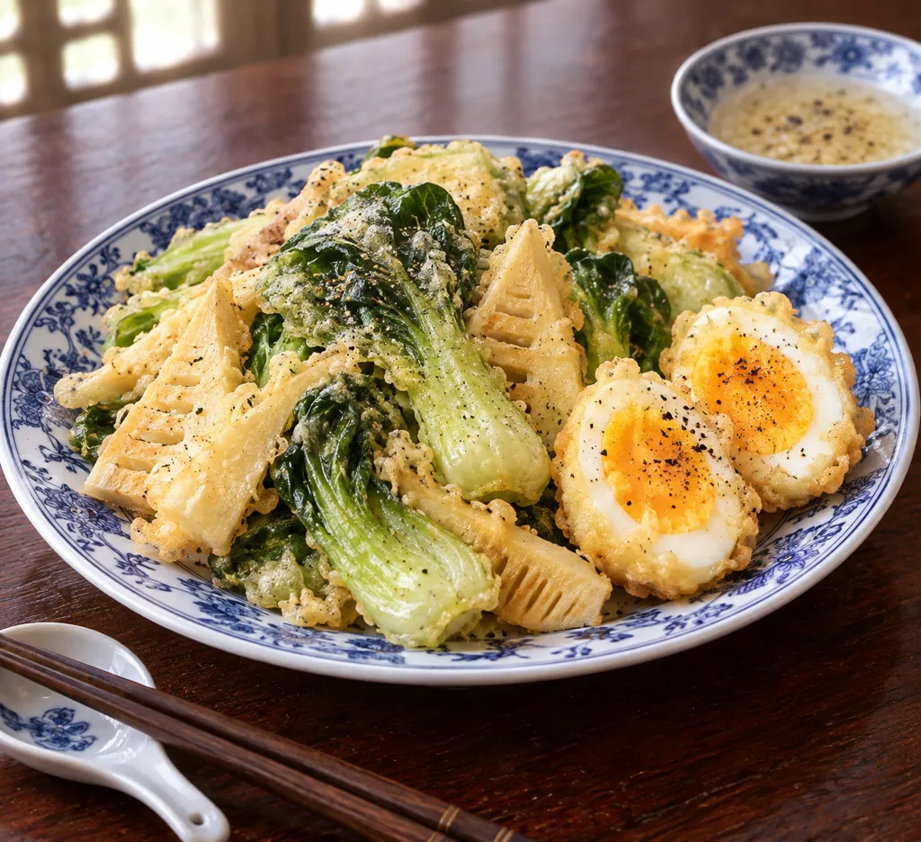チンゲン菜とたけのこの揚げ焼きの完成イメージ