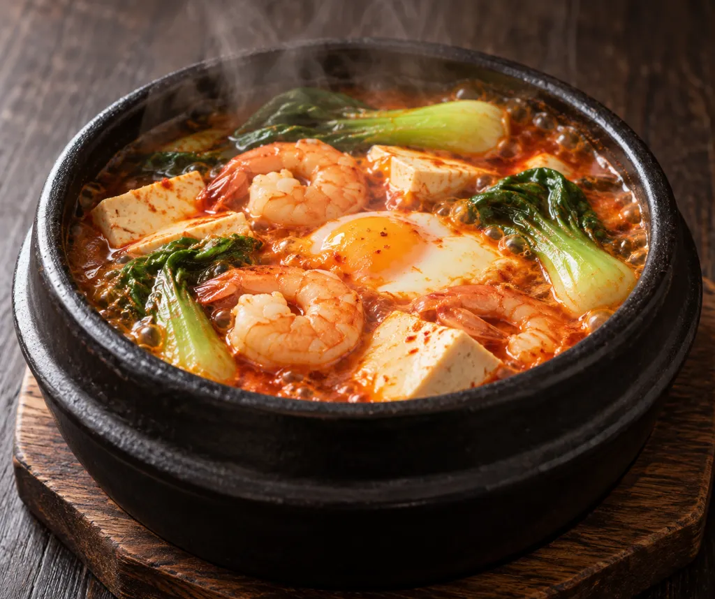 えびとチンゲン菜の豆腐スンドゥブ鍋の完成イメージ