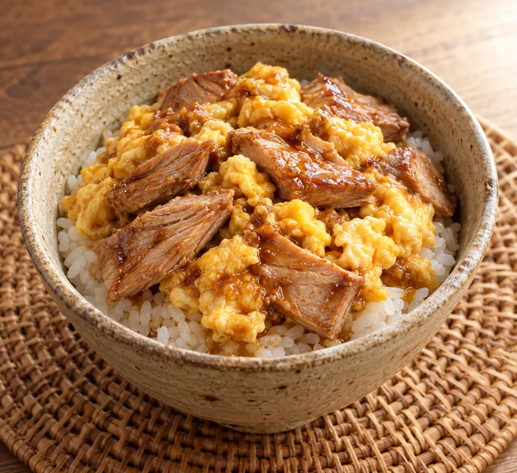 まぐろと卵のにんにく醤油丼の完成イメージ