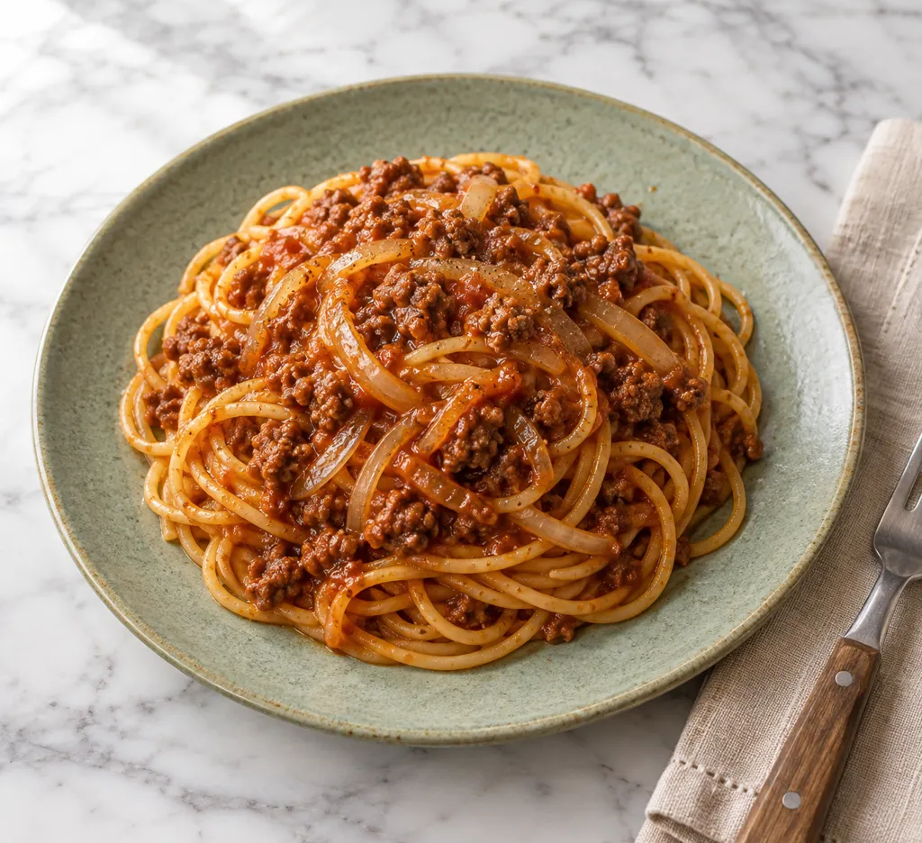 時短牛ひき肉と玉ねぎのミートソースパスタの完成イメージ