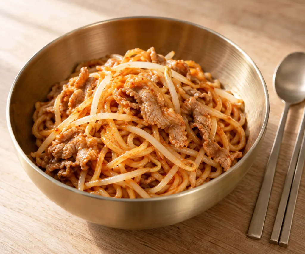 豚こまともやしの中華麺ビビン麺の完成イメージ