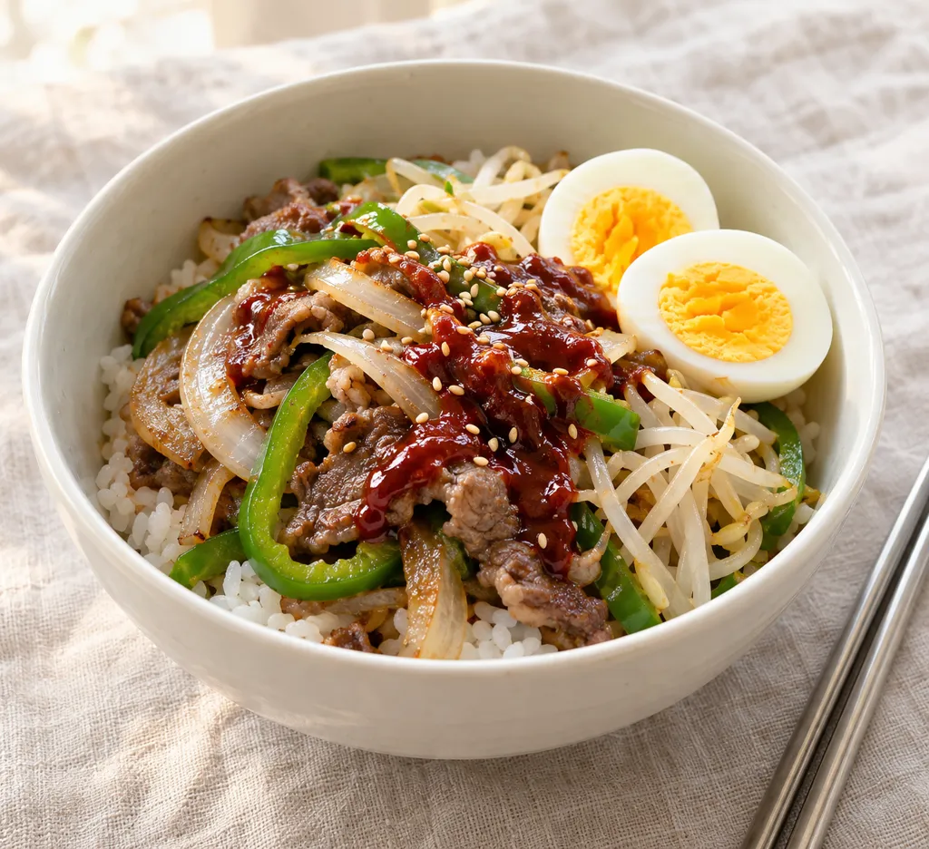 ラム肉と玉ねぎのビビンバの完成イメージ