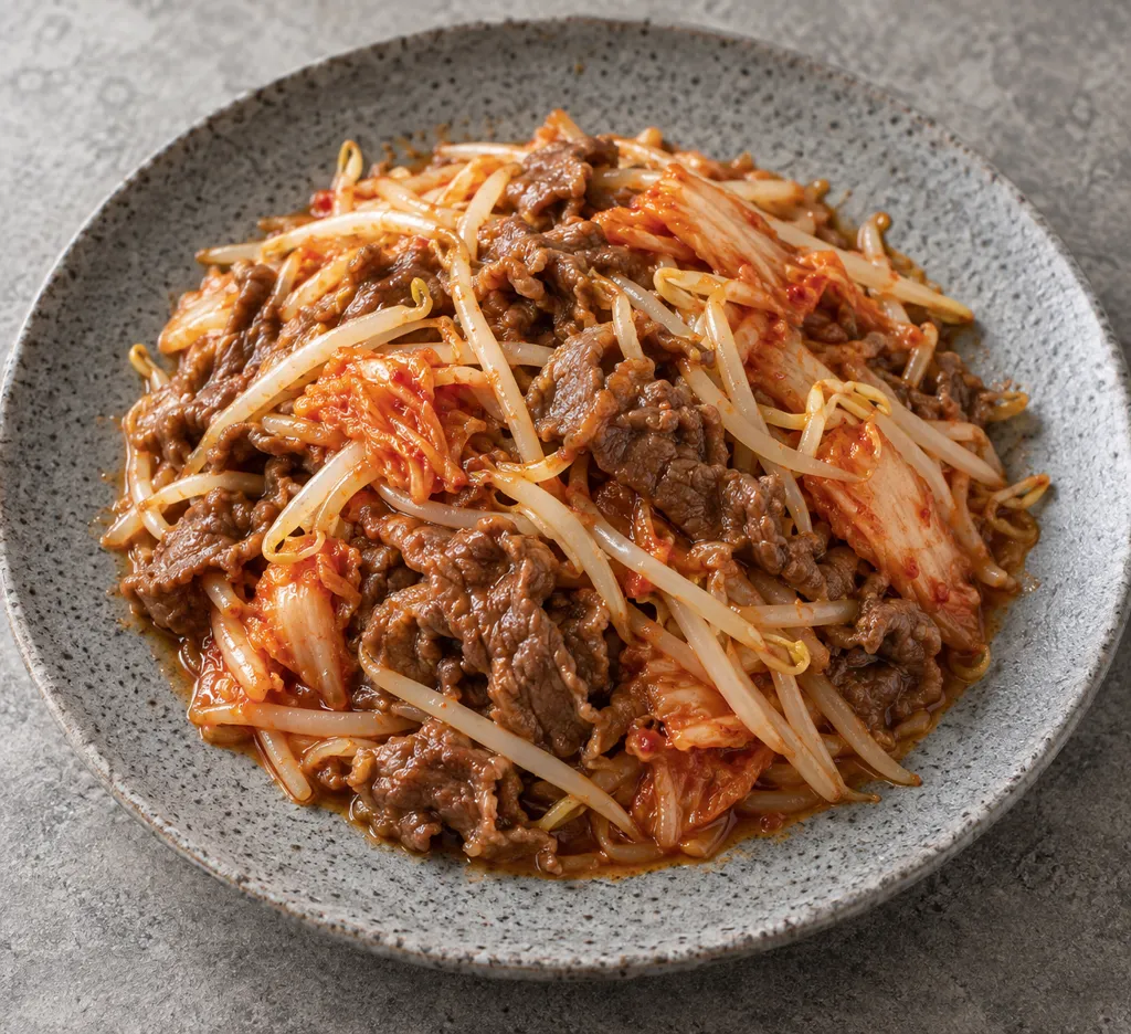 牛薄切り肉ともやしのキムチ炒めの完成イメージ
