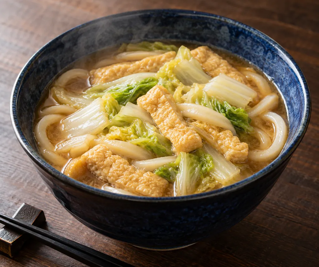 油揚げと白菜の味噌煮込みうどんの完成イメージ