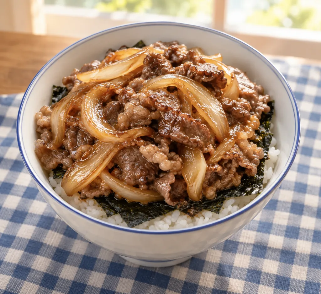 牛こま肉と玉ねぎののり弁風丼の完成イメージ