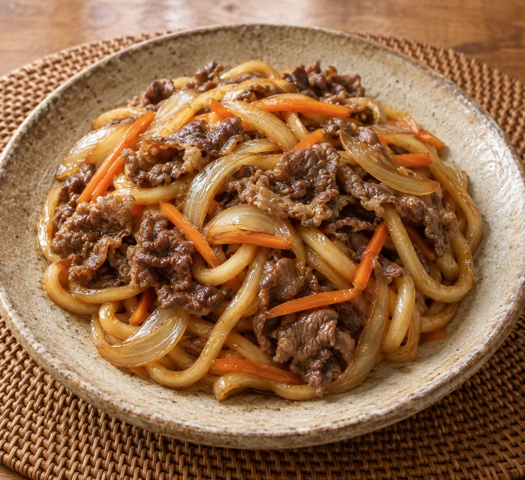 牛こま肉と玉ねぎの甘辛焼きうどんの完成イメージ