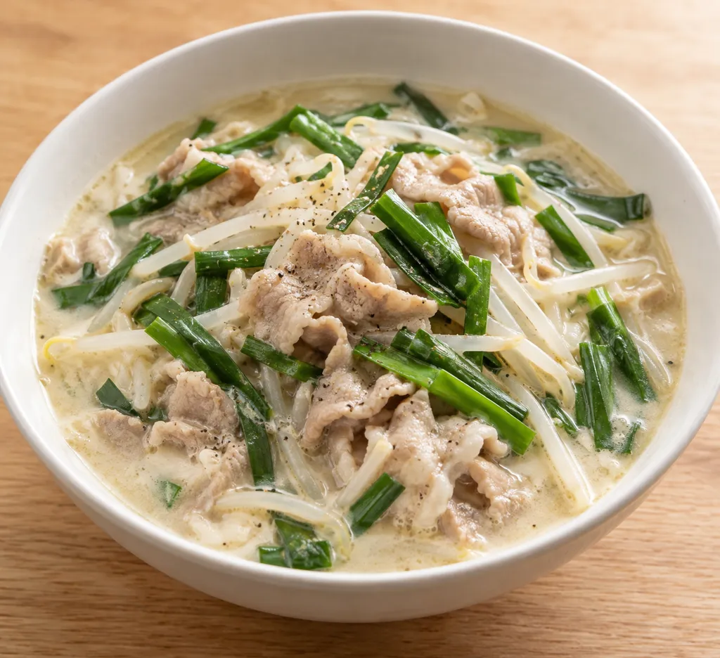 豚こま肉とニラの中華豆乳風鍋の完成イメージ
