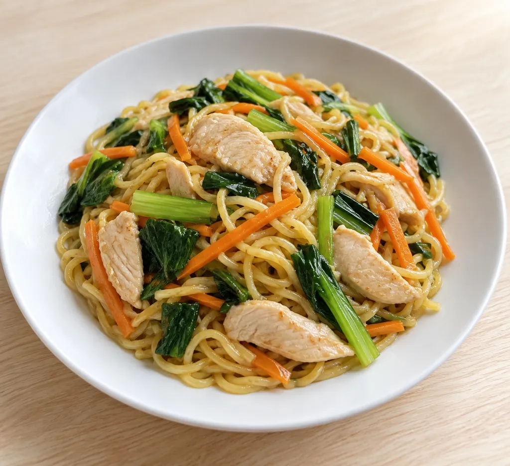 鶏むね肉と小松菜のしょうが塩焼きそばの完成イメージ