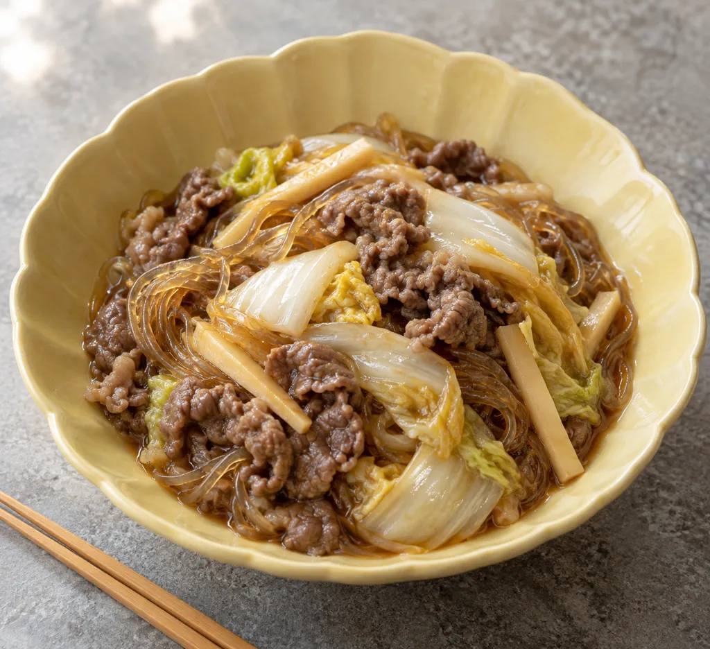 牛薄切り肉と白菜の春巻き風炒めの完成イメージ