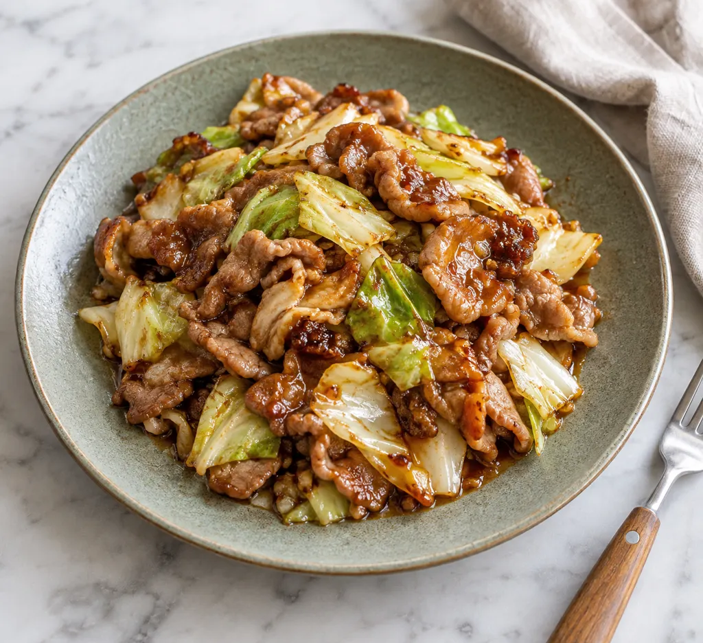 豚こま肉とキャベツの味噌バルサミコ焼きの完成イメージ