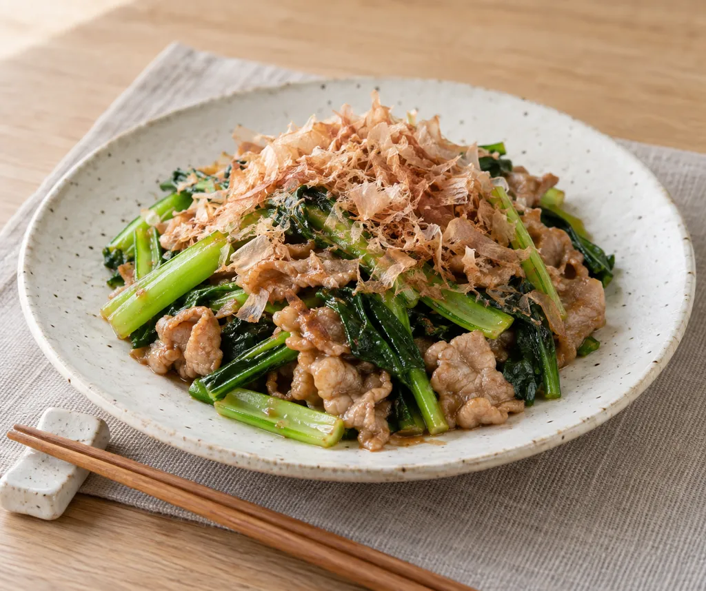 豚こま肉と小松菜のおかか炒めの完成イメージ