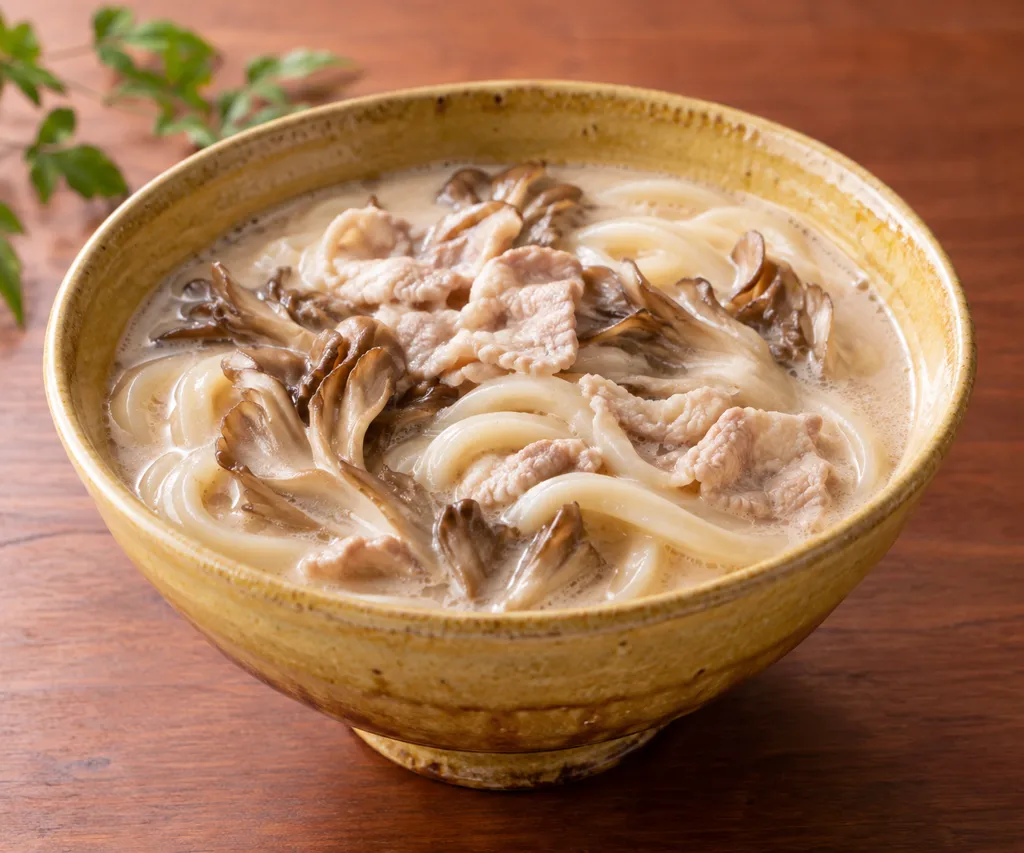 豚こま肉とまいたけの豆乳うどんの完成イメージ