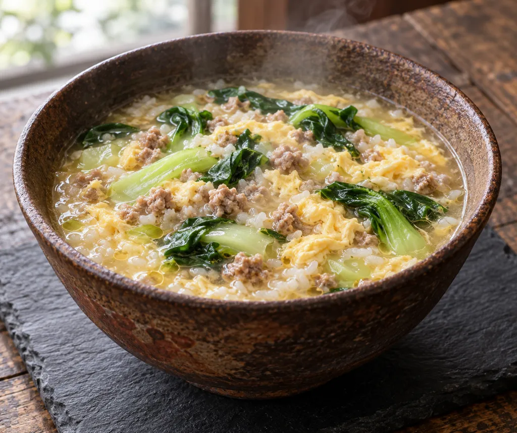 豚ひき肉とチンゲン菜の卵雑炊の完成イメージ