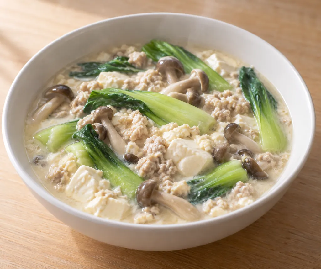 鶏ひき肉とチンゲン菜の中華豆乳風鍋の完成イメージ