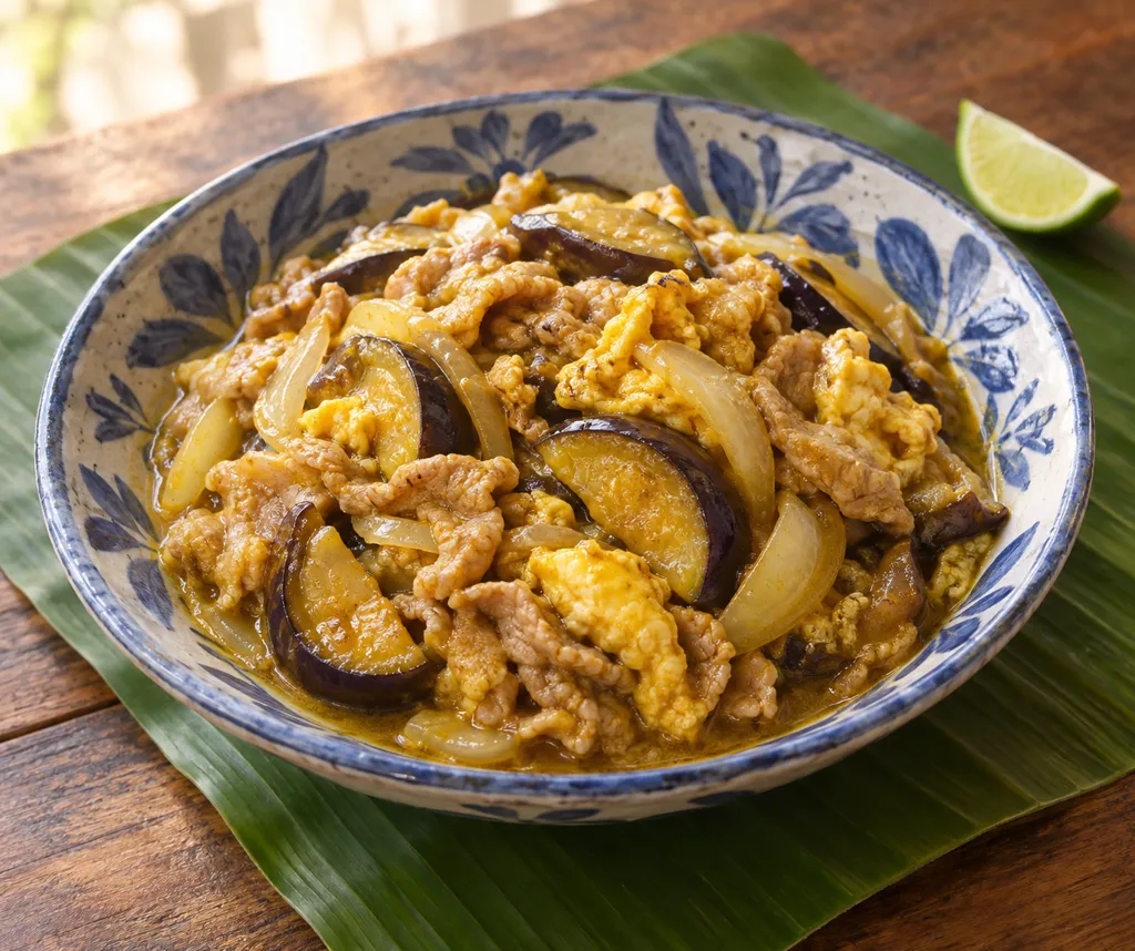 豚こま肉となすのタイ風カレー卵炒めの完成イメージ