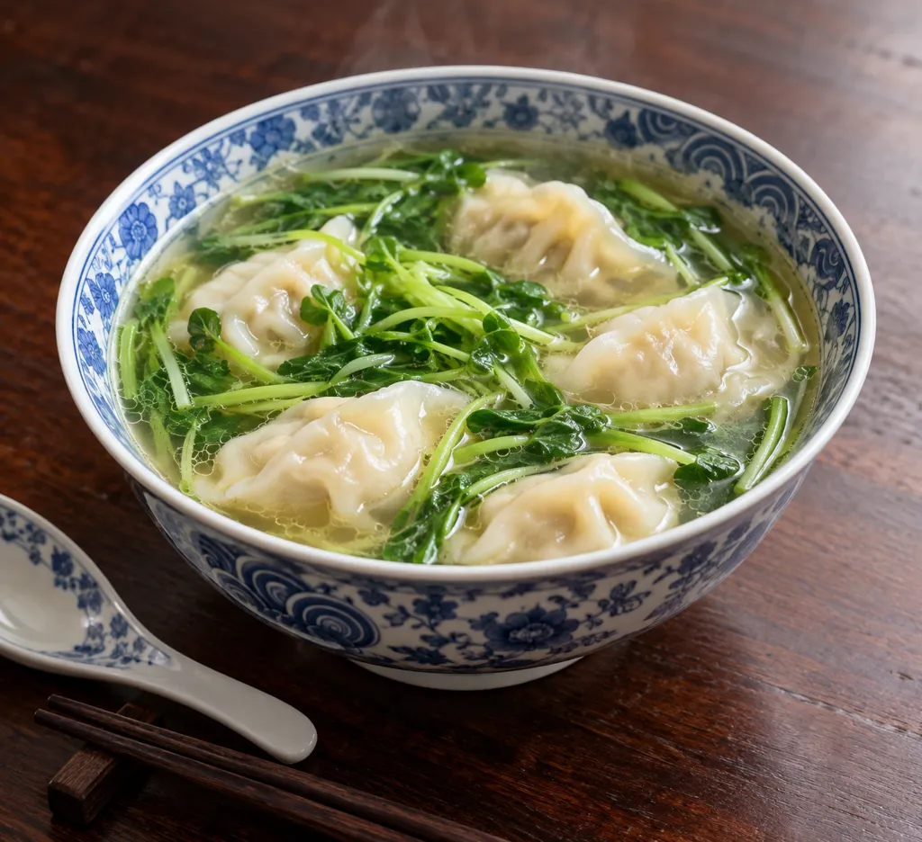 冷凍餃子と豆苗の水餃子スープの完成イメージ