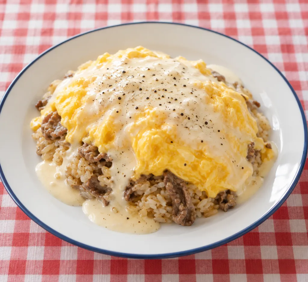 牛こま肉のクリームオムライスの完成イメージ