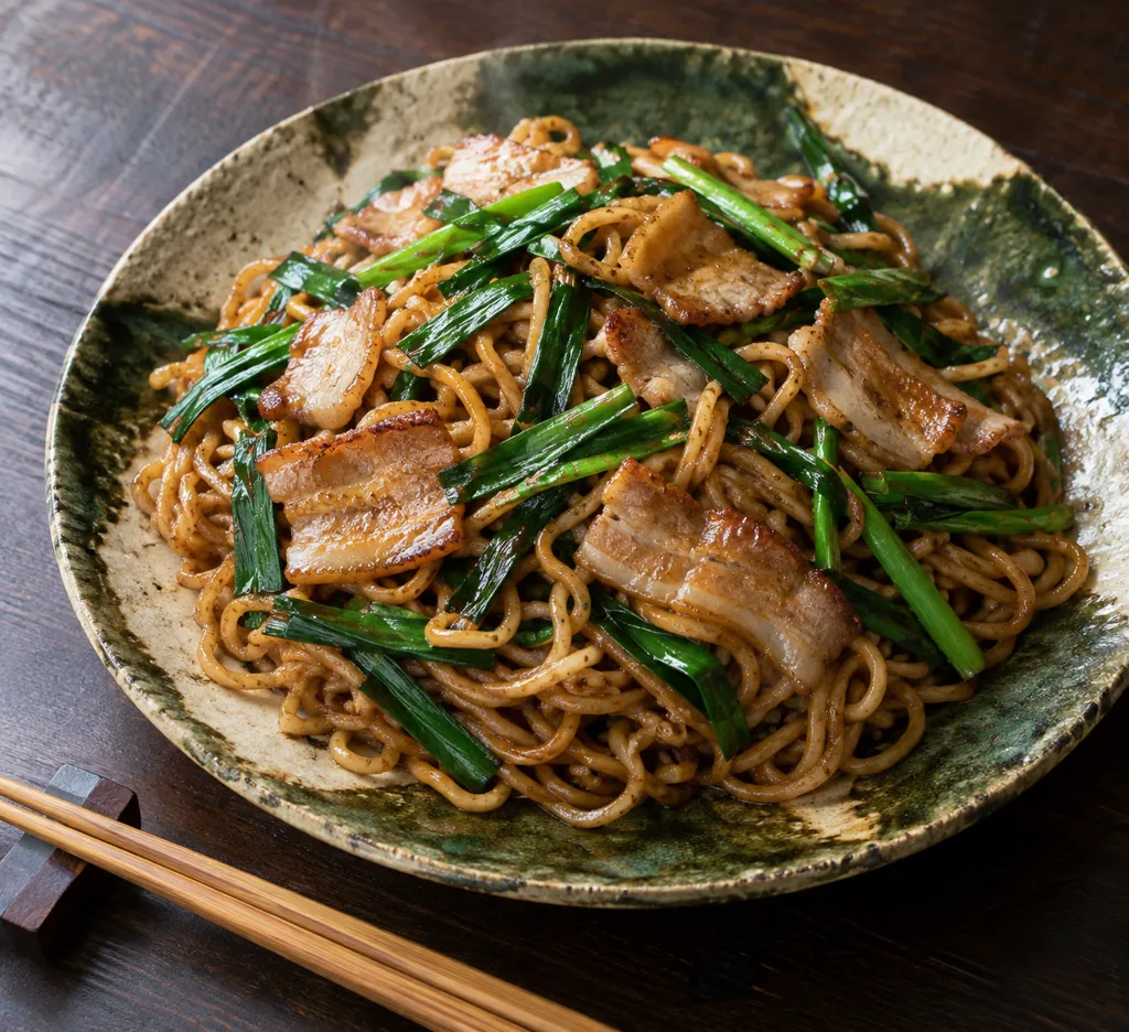 豚バラ肉とニラの焼きそばの完成イメージ
