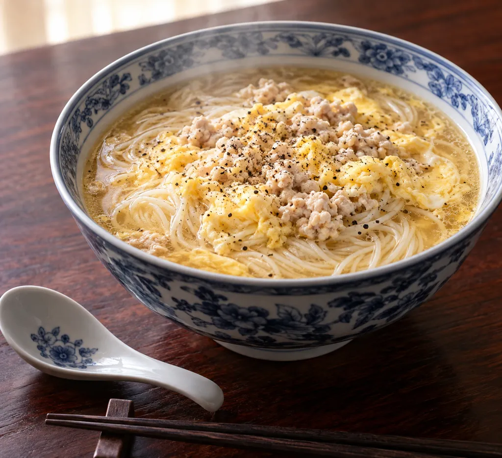 鶏ひき肉と卵の酸辣湯そうめんの完成イメージ