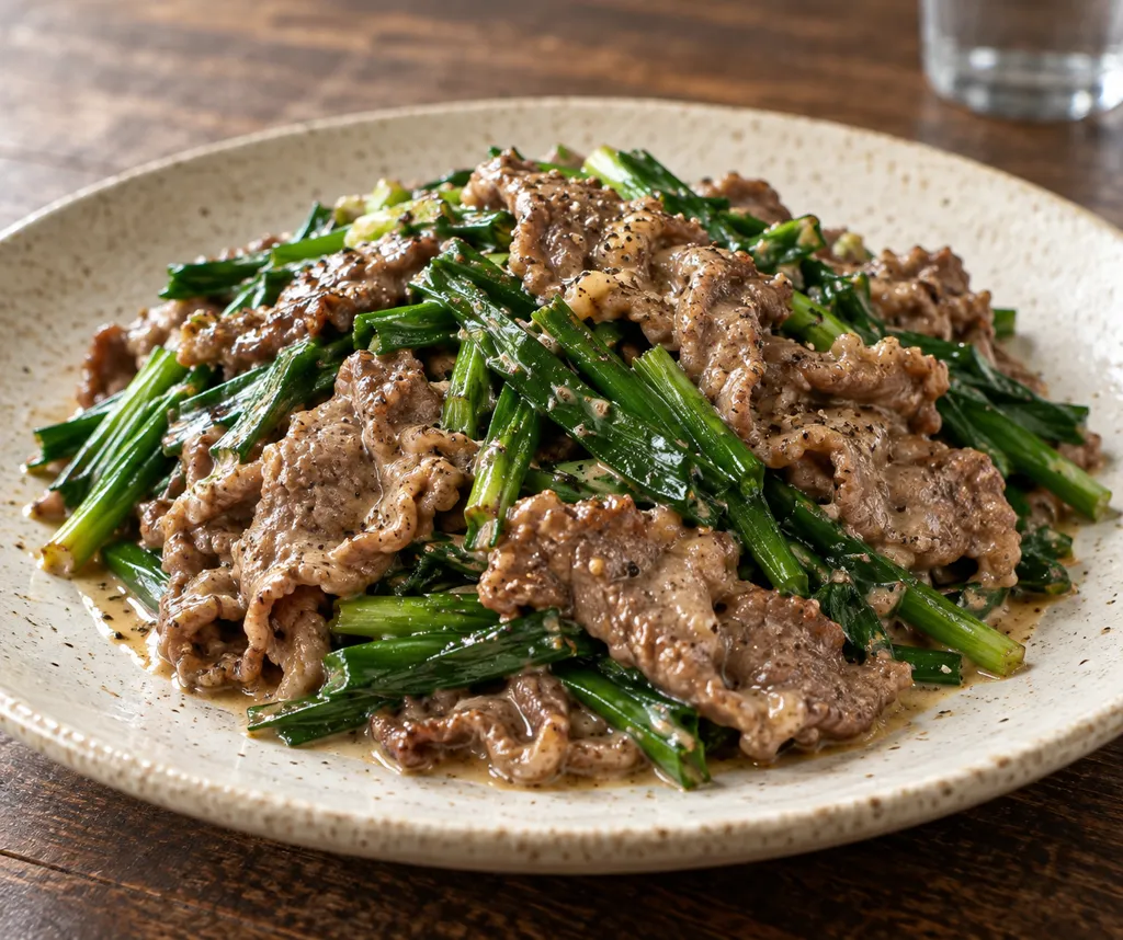 牛薄切り肉とニラの醤油マヨネーズ炒めの完成イメージ