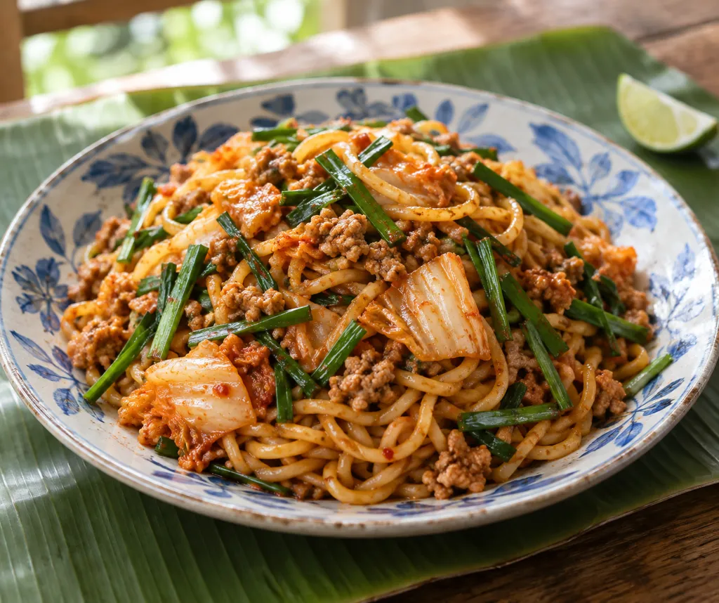 豚ひき肉とニラのキムチ焼き麺の完成イメージ