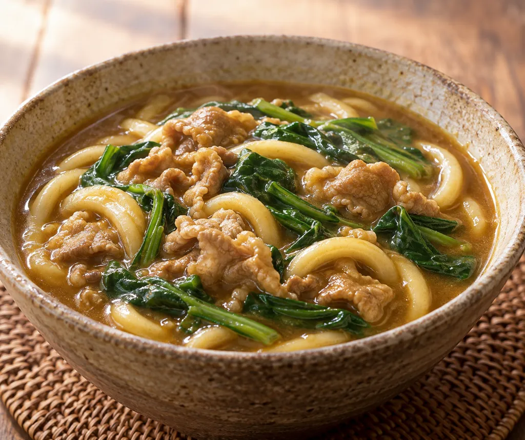 豚こま肉とほうれん草のカレーうどんの完成イメージ