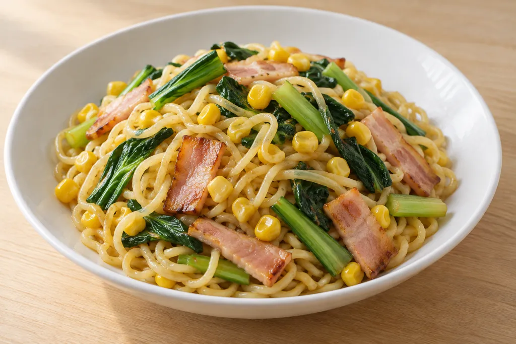 ベーコンと小松菜コーンの中華塩麺の完成イメージ