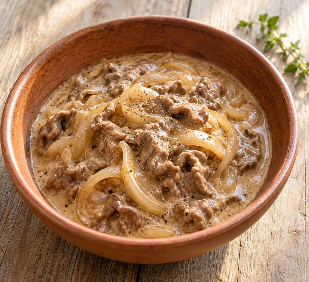 牛こま肉と玉ねぎのビーフストロガノフ風の完成イメージ