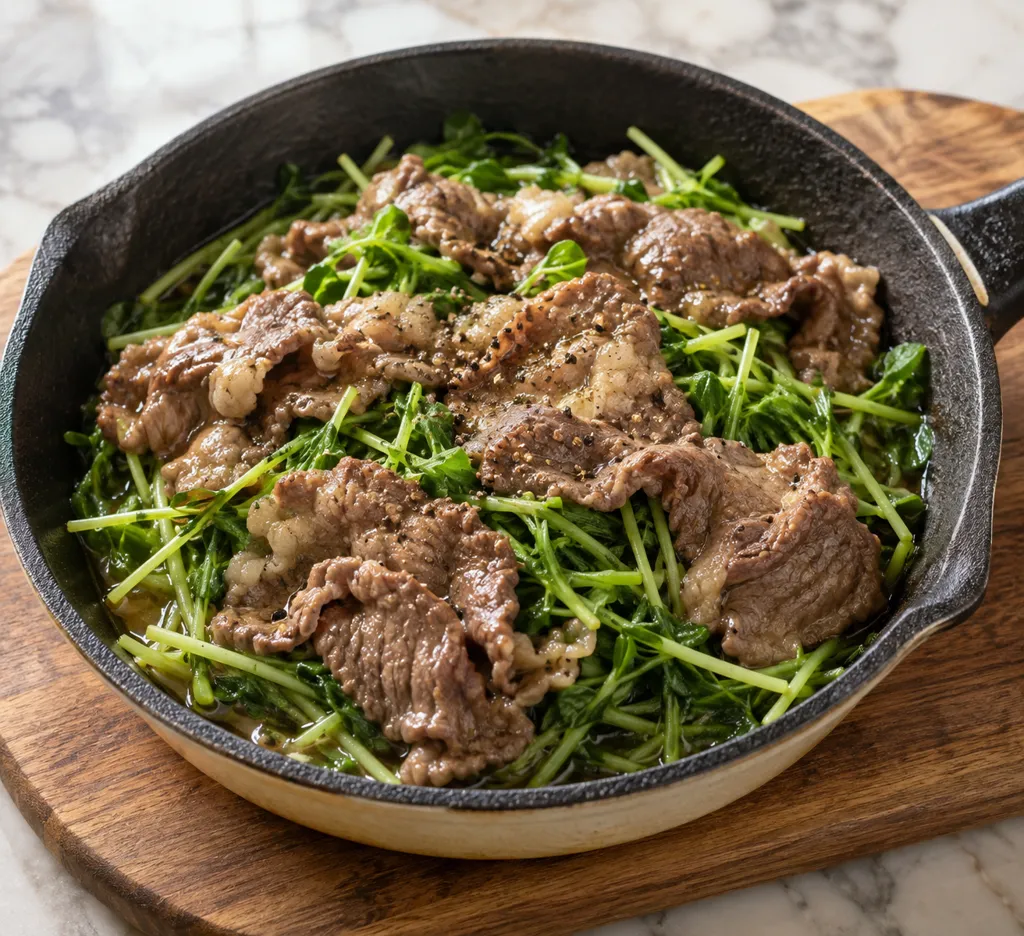 牛薄切り肉と豆苗のこしょうコンソメ蒸しの完成イメージ
