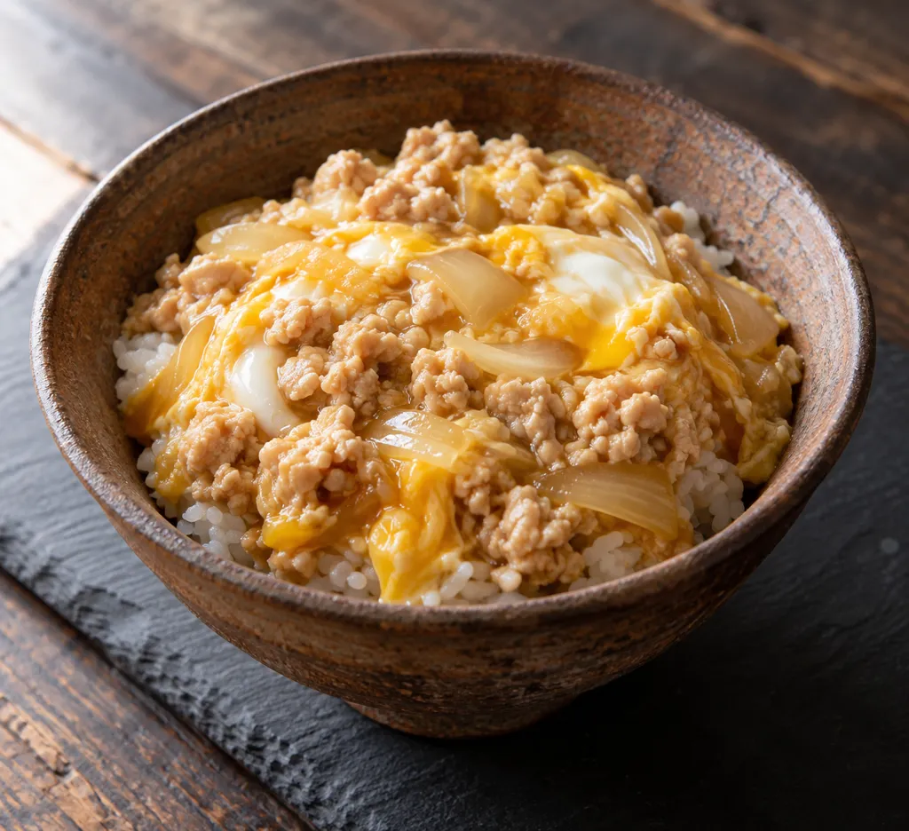 鶏ひき肉と玉ねぎのしょうが親子丼の完成イメージ