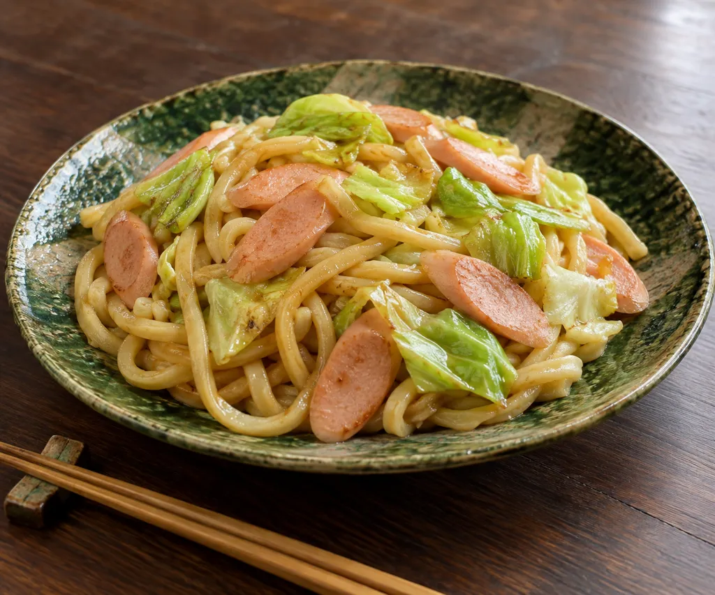 魚肉ソーセージとキャベツの焼きうどんの完成イメージ