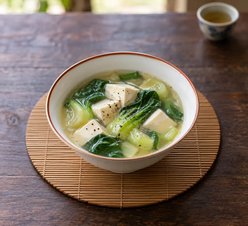 チンゲン菜と豆腐の酸辣スープの完成イメージ