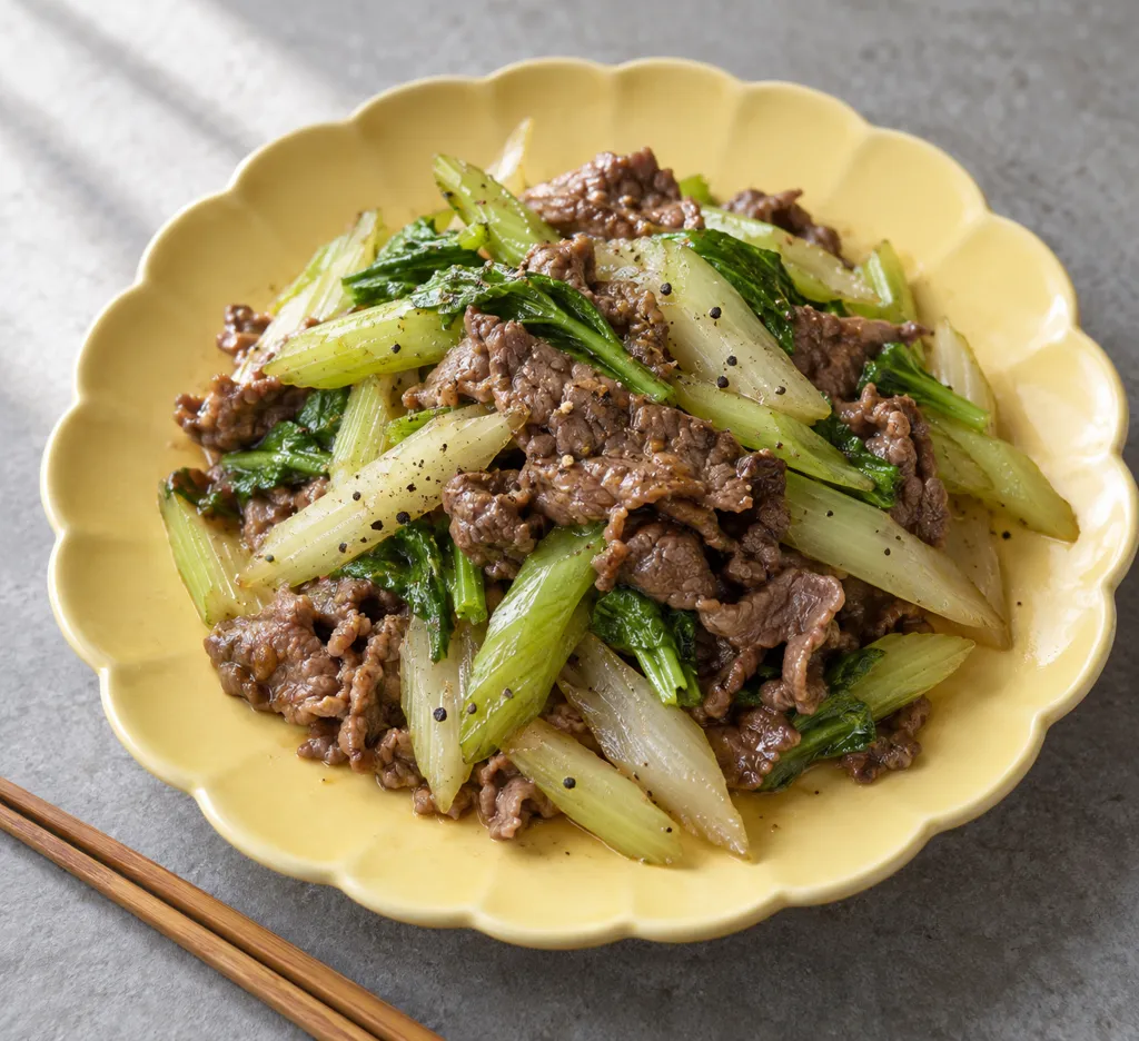 牛肉とセロリの黒こしょう炒めの完成イメージ