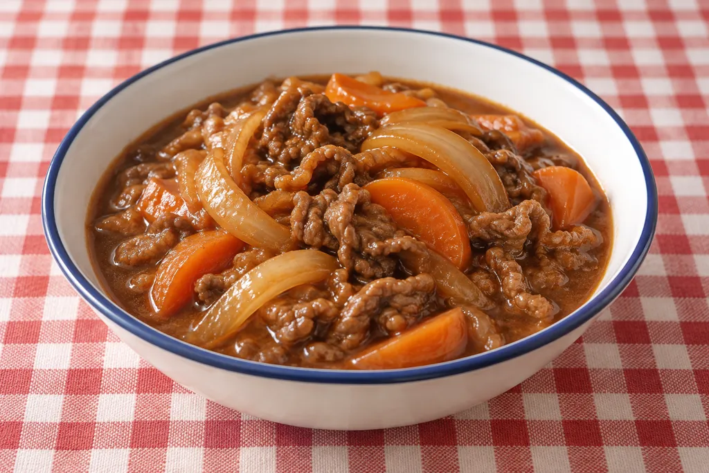 牛こま肉と玉ねぎにんじんのデミ煮の完成イメージ