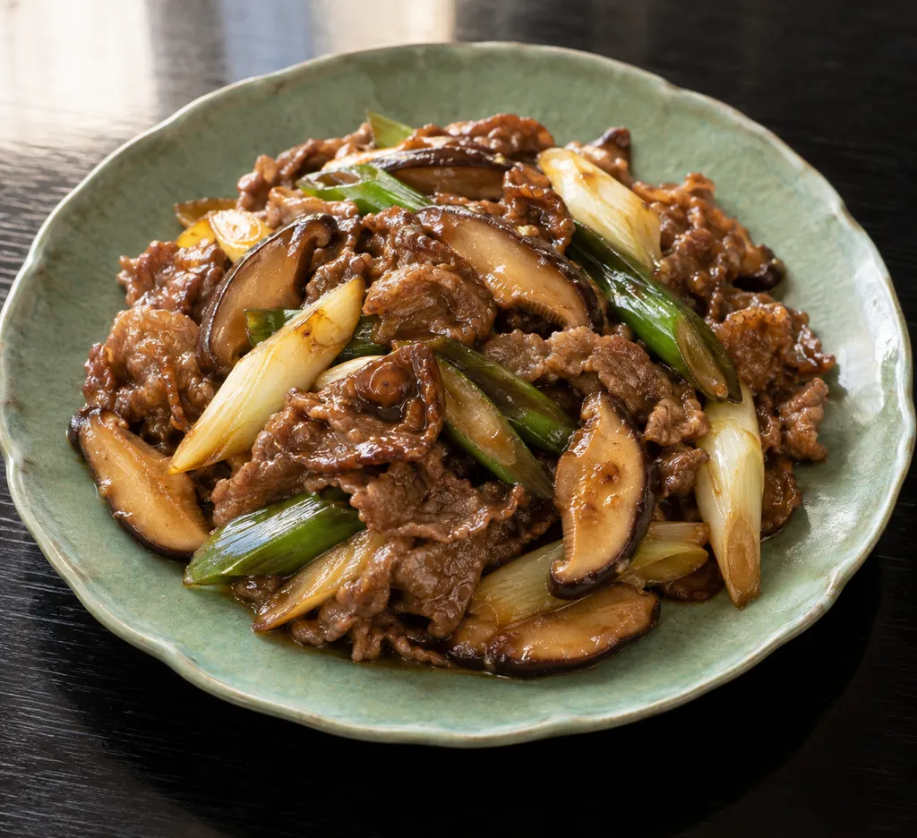牛こま肉としいたけの味噌醤油炒めの完成イメージ