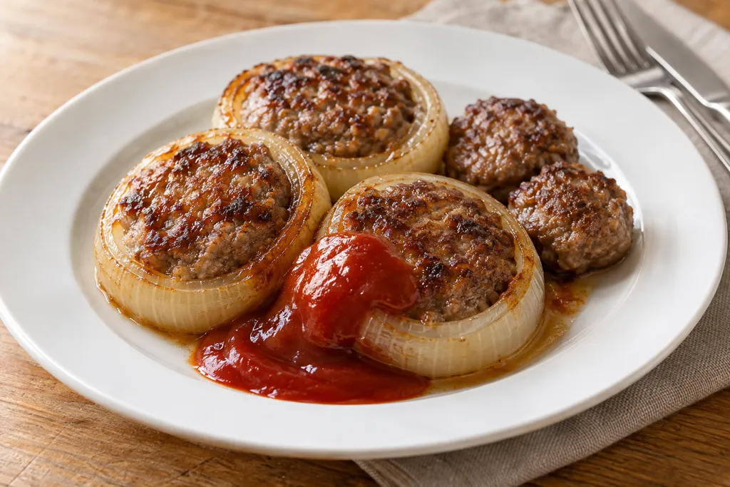玉ねぎと合いびき肉の輪切り肉詰め焼きの完成イメージ