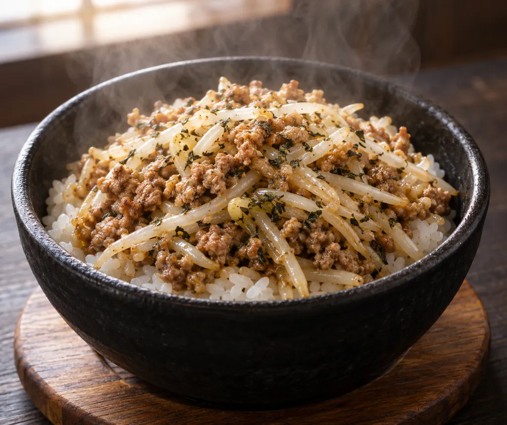 豚ひき肉ともやしのバジル肉炒め丼の完成イメージ