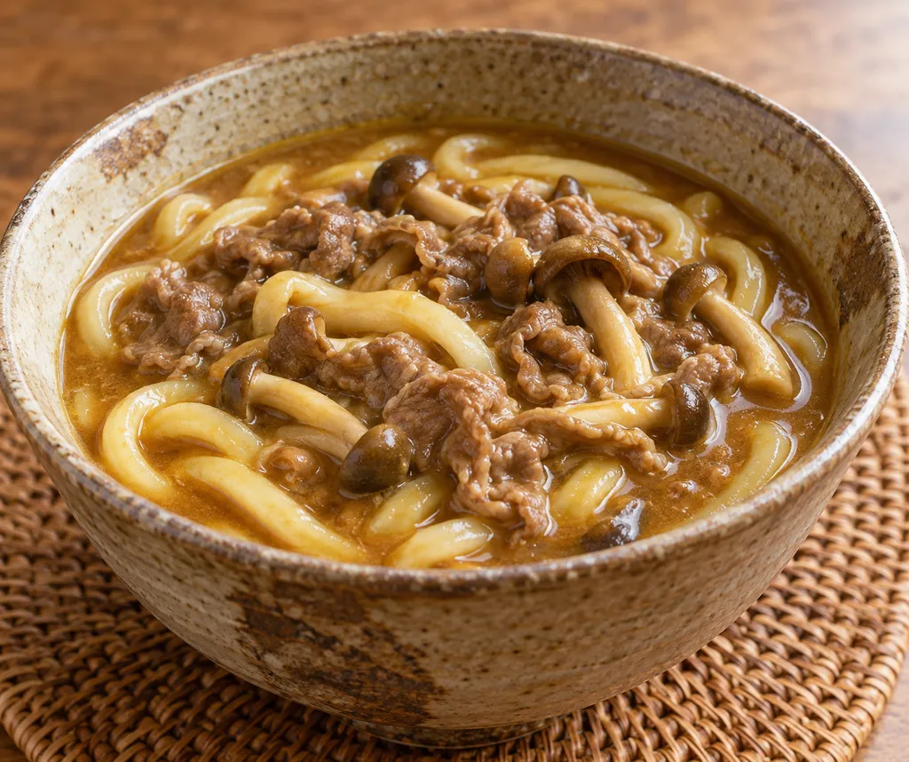 牛こま肉としめじのカレーうどんの完成イメージ